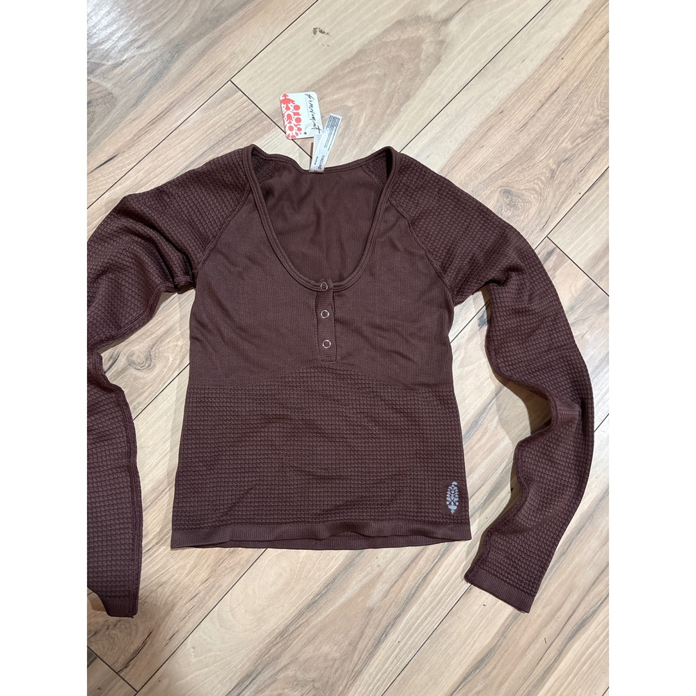 Free People Movement Long Sleeve Top Brown Thermal‎ Cutout XS/S Button